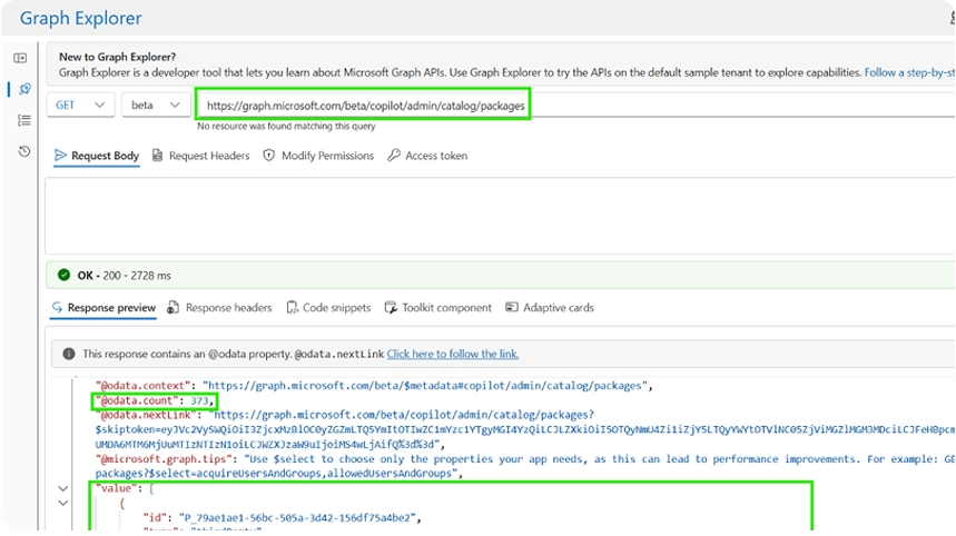 Graph Explorer showing agent API